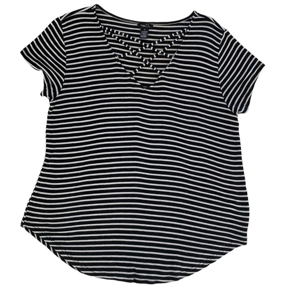 Rue21 Tops - Rue 21 Shirt Criss Cross V Neck Curved Hem Rayon Stripes Black White Women’s M